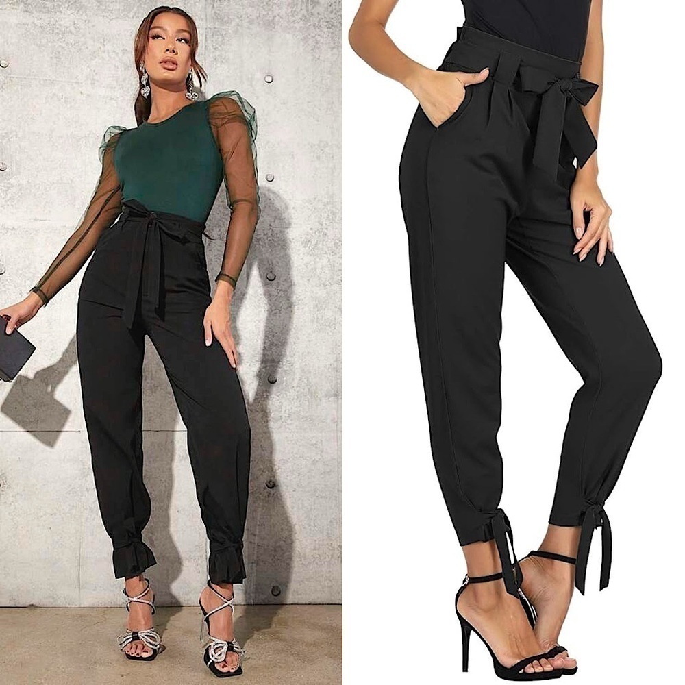 & OTHER STORIES Wool Belted Paperbag Waist High Rise Ankle Tie Crop Harem Pant 4